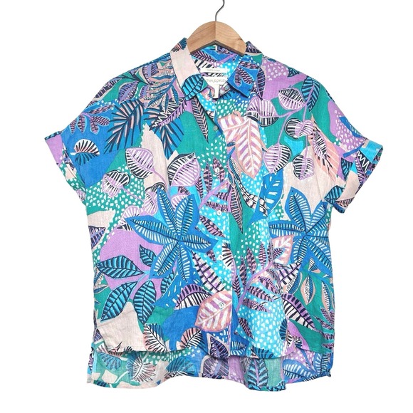 Cynthia Rowley | Women | 100% Linen Tropical Cap Sleeve Button Up Shirt | Small - Picture 2 of 10